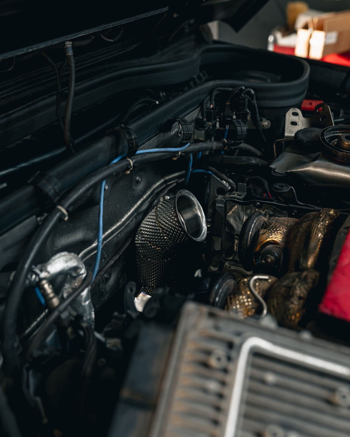 Turbo and downpipe work in the engine bay